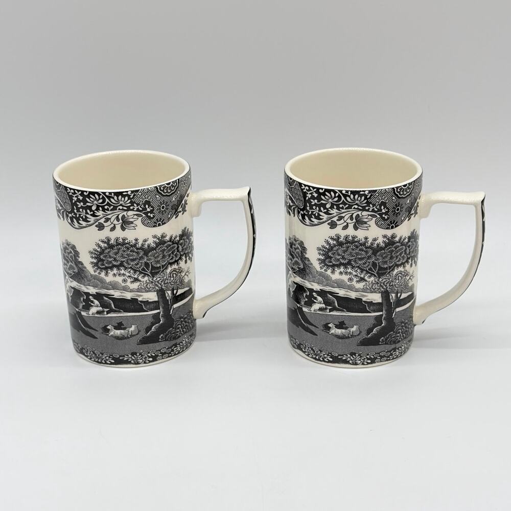 2 Spode Black Italian Toile Pastoral Scene 250th Anniversary Black Mug Set NEW